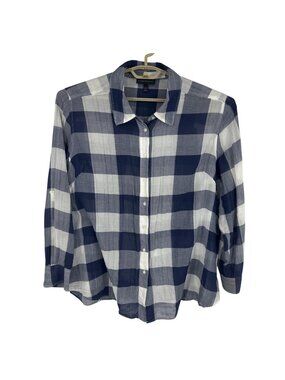Lane Bryant Women's Blue & White Plaid Button-Up Long Roll Tab Sleeve Size 22/24
